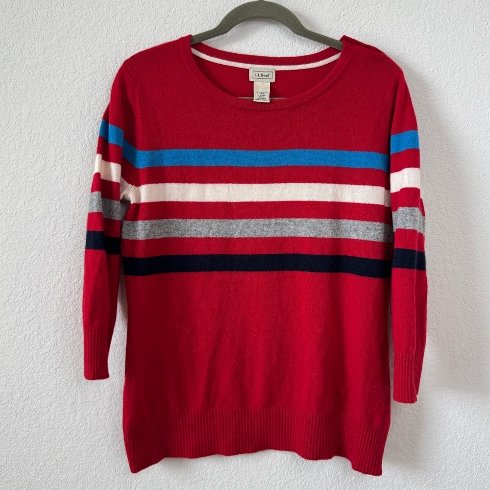 L.L. Bean Women’s L Red Multicolor Stripe 100% Cashmere Sweater Crew Neck‎